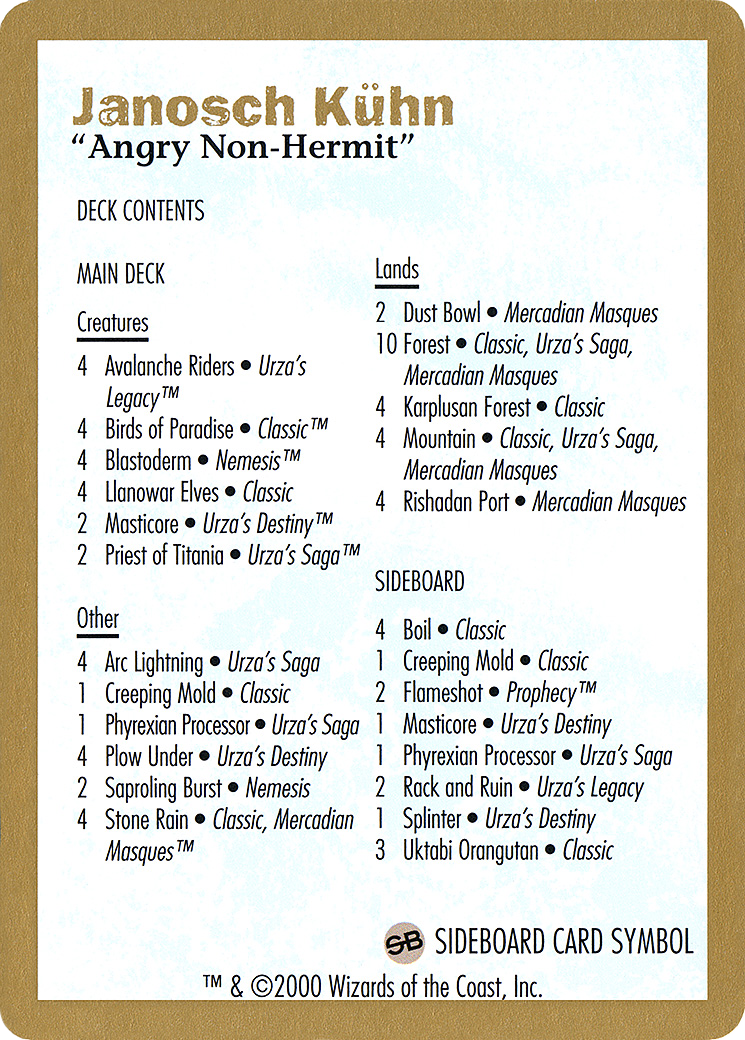 Janosch Kuhn Decklist (2000) [World Championship Decks 2000] - The Mythic Store | 24h Order Processing