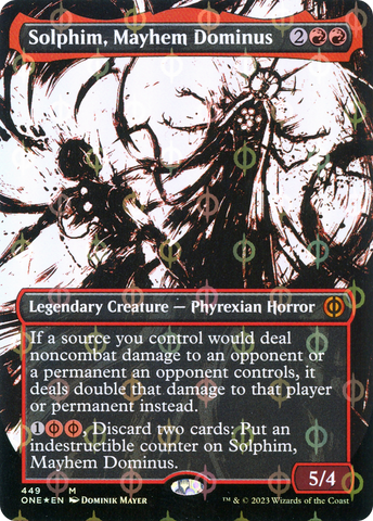 Solphim, Mayhem Dominus (Borderless Ichor Step-and-Compleat Foil) [Phyrexia: All Will Be One] - The Mythic Store | 24h Order Processing