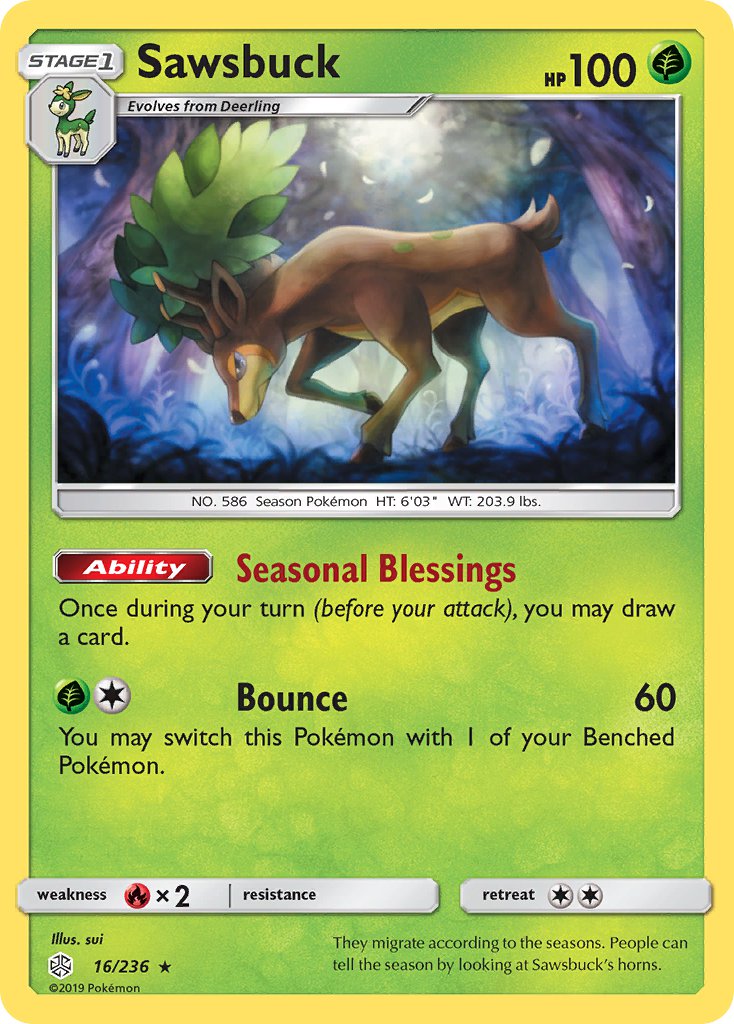 Sawsbuck (16/236) (Prerelease Kit Exclusive) (Theme Deck Exclusive) [Sun & Moon: Cosmic Eclipse] - The Mythic Store | 24h Order Processing