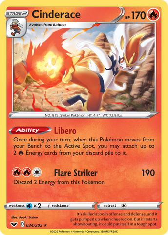 Cinderace (034/202) (Theme Deck Exclusive) [Sword & Shield: Base Set] - The Mythic Store | 24h Order Processing
