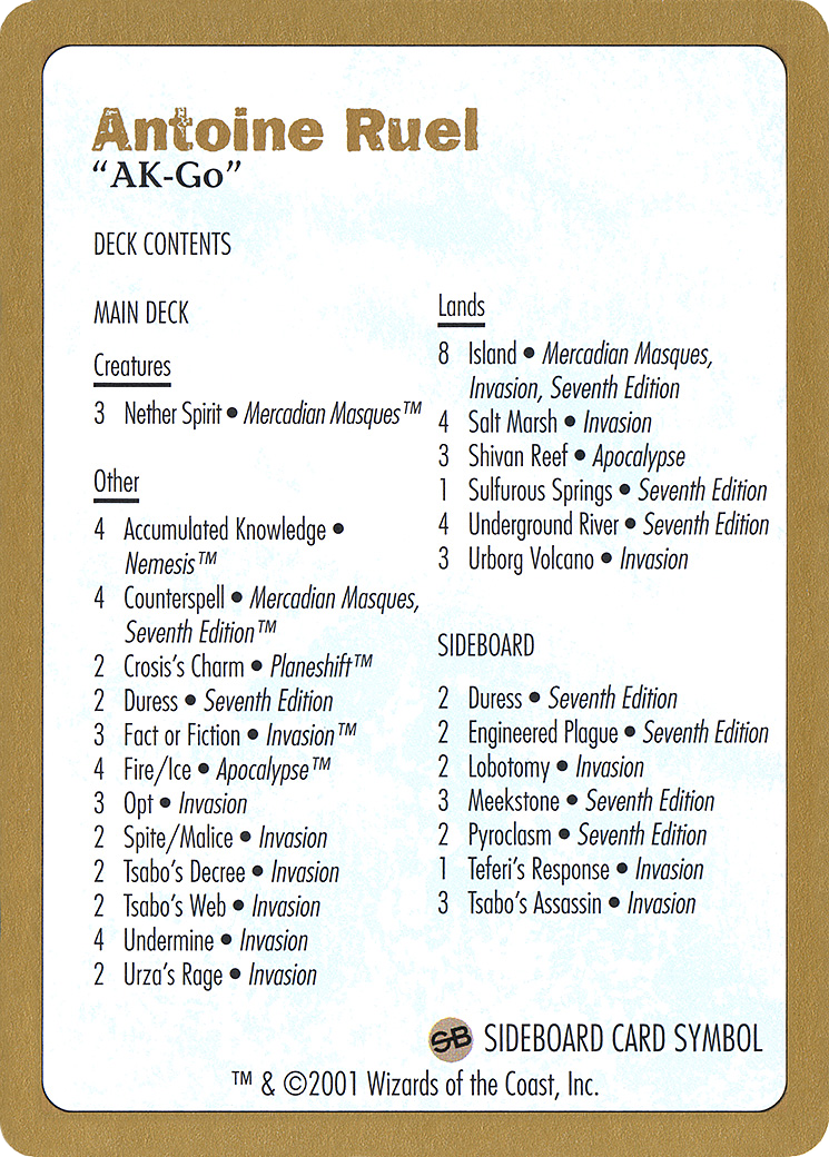 Antoine Ruel Decklist [World Championship Decks 2001] - The Mythic Store | 24h Order Processing