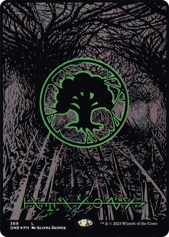 Forest (369) (Oil Slick Raised Foil) [Phyrexia: All Will Be One] - The Mythic Store | 24h Order Processing