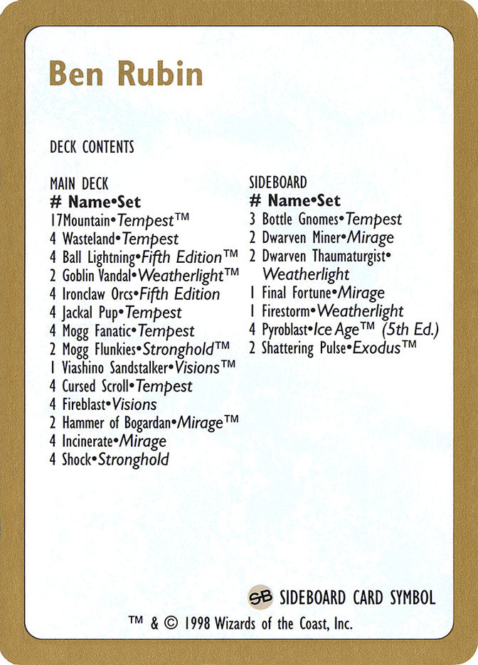 Ben Rubin Decklist [World Championship Decks 1998] - The Mythic Store | 24h Order Processing