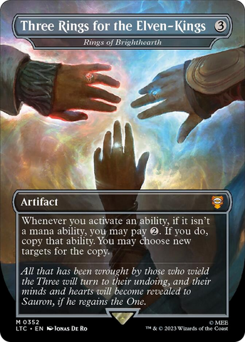 Three Rings for the Elven-Kings - Rings of Brighthearth (Borderless) (Surge Foil) [The Lord of the Rings: Tales of Middle-Earth Commander] - The Mythic Store | 24h Order Processing