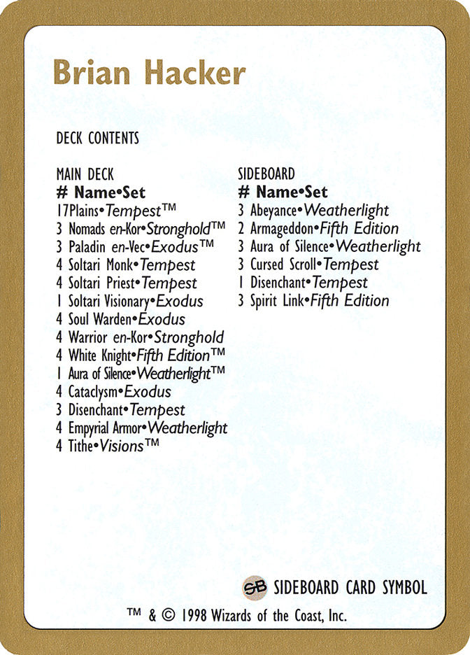 Brian Hacker Decklist [World Championship Decks 1998] - The Mythic Store | 24h Order Processing
