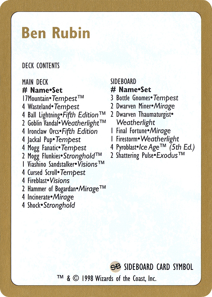 Ben Rubin Decklist [World Championship Decks 1998] - The Mythic Store | 24h Order Processing